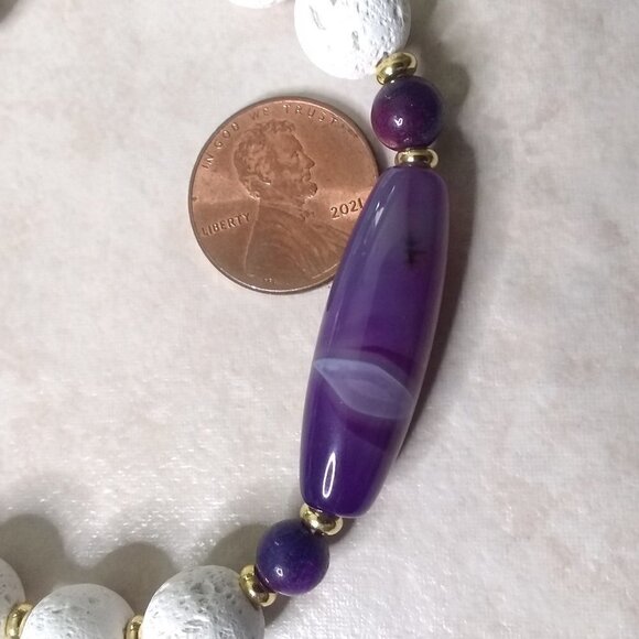 Purple Banded Agate + White Lava Rock - Chunky Bracelet for Larger Wrists 8" - Picture 6 of 9